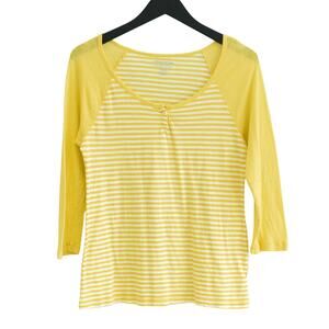 Casual Retro Inspired Yellow Striped Raglan Henley Top - 3/4 Sleeve Soft Knit